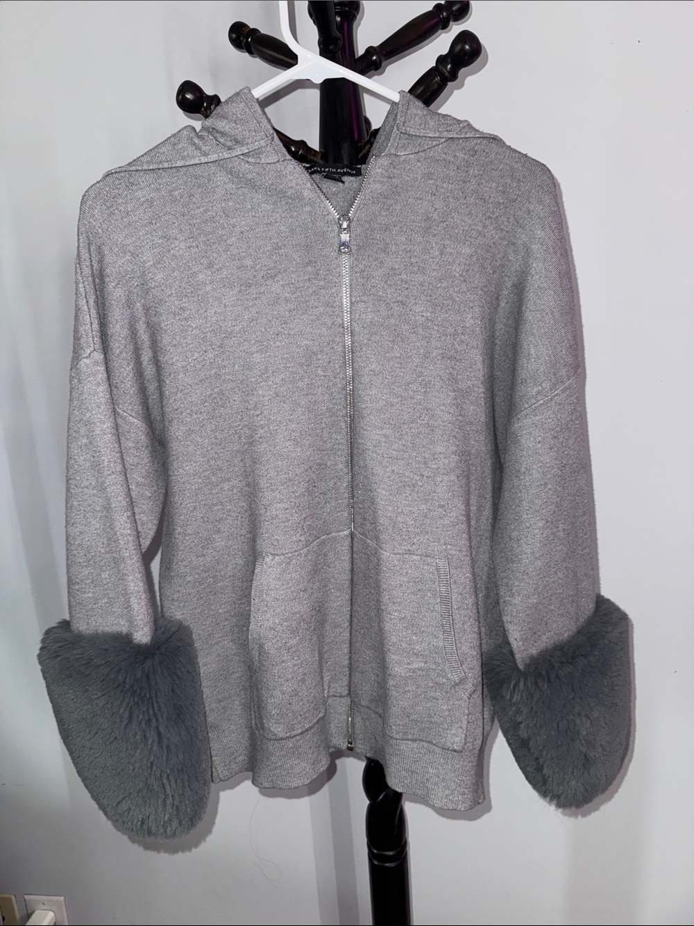 Saks Fifth Avenue Gray Hooded Zip Sweater with Faux Fur Cuffs